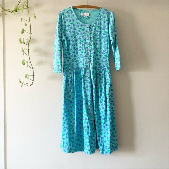 Cotton Midi Chore Dress Vintage Blue Pleated Button Front Sleeveless Relaxed XS - Picture 1 of 5